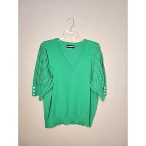 Karl Lagerfeld Women's Short Sleeve Green Metallic Sweater V-Neck Top Sz XL